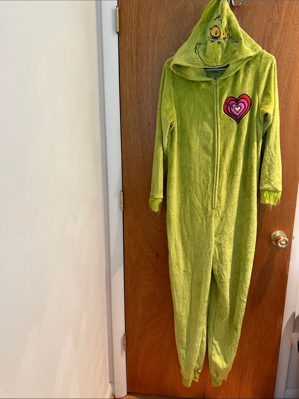 Green Kids Grinch Hooded One-Piece Pajamas with Heart Patch